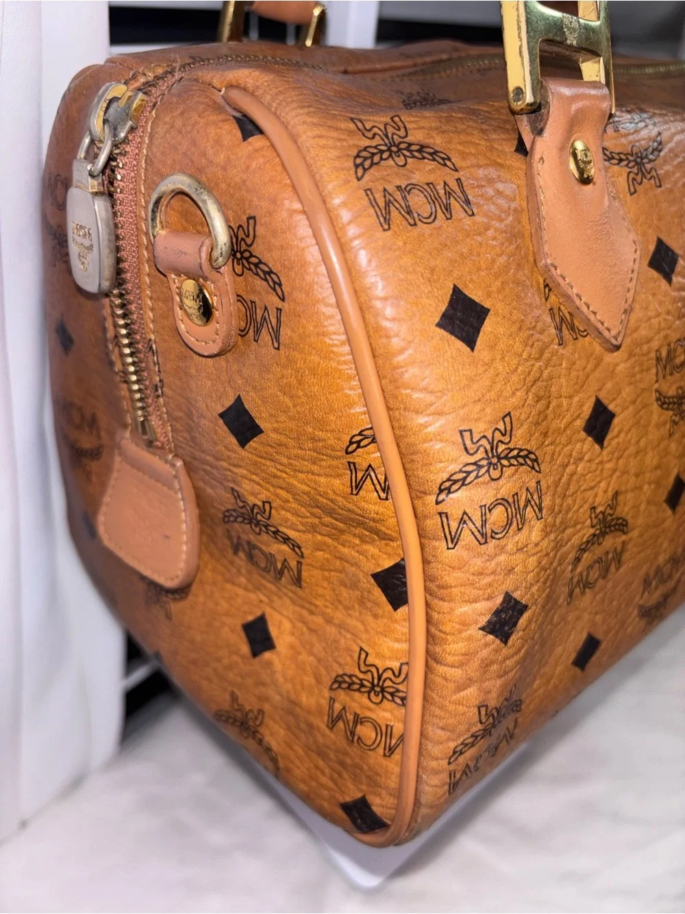 Vintage MCM Cognac Visetos Boston Bag Satchel with Shoulder Strap
